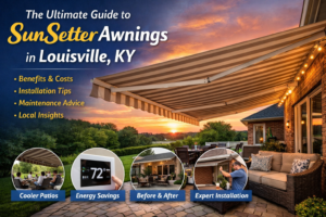 SunSetter Awning: SunSetter Retractable Awnings provide shade over outdoor seating area on a sunny day, highlighting durable fabric and motorized functionality